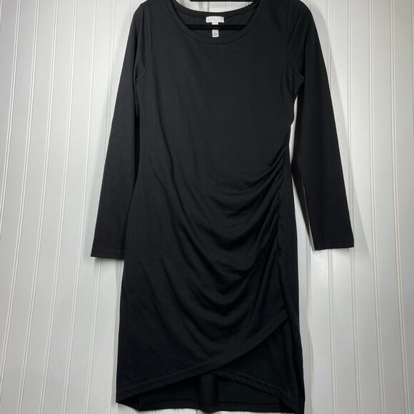 Leith Women's Black Long Sleeve Scoop Neck Pullover Wrap Midi Dress Size Large - Picture 1 of 9